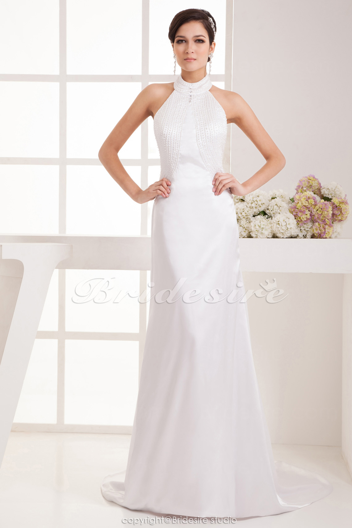 A-line Halter Floor-length Court Train Sleeveless Satin Wedding Dress