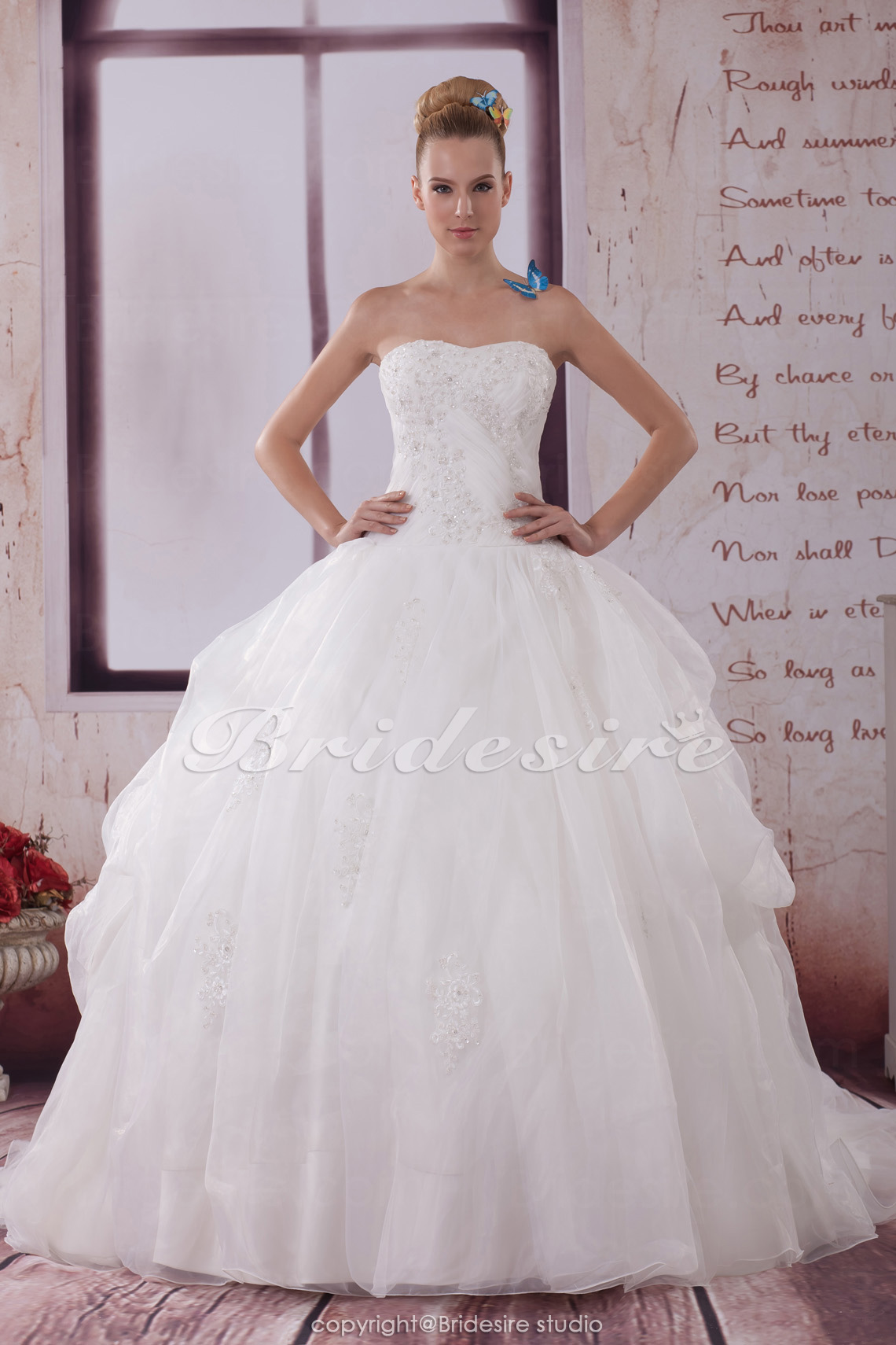Ball Gown Strapless Sweep Train Sleeveless Organza Wedding Dress