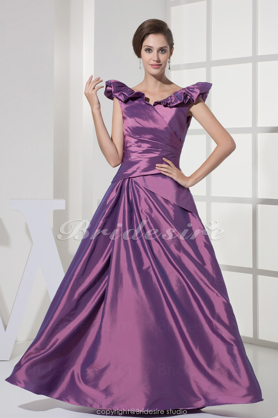 A-line V-neck Floor-length Sleeveless Taffeta Dress