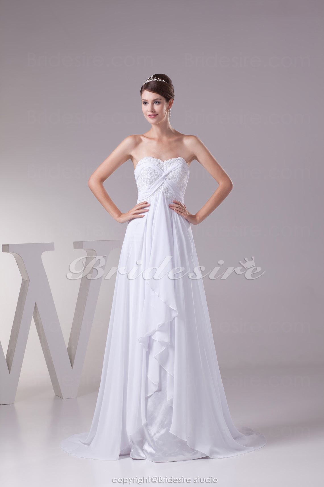 A-line Strapless Sweep Train Sleeveless Chiffon Wedding Dress