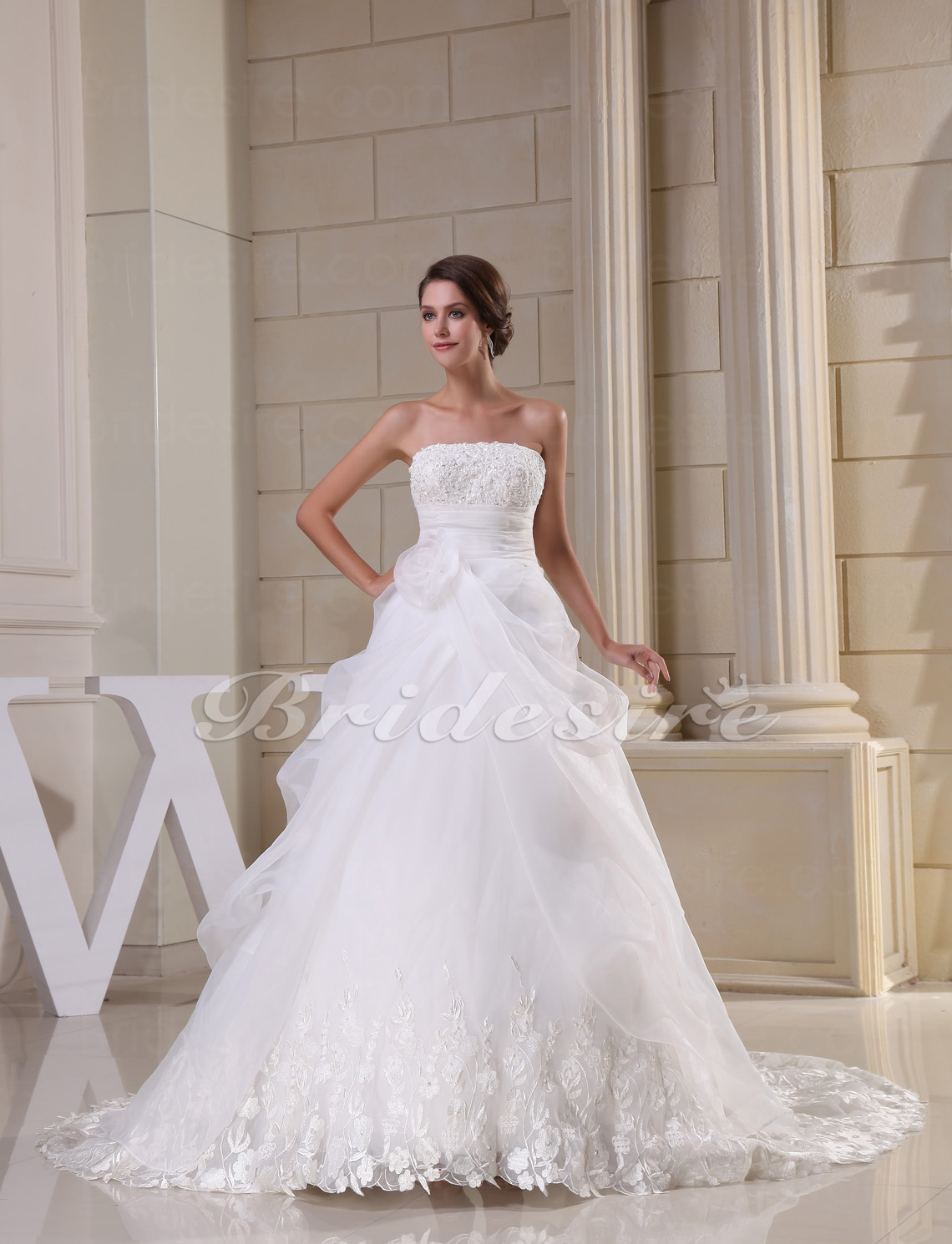 Ball Gown Strapless Chapel Train Sleeveless Organza Lace Wedding Dress