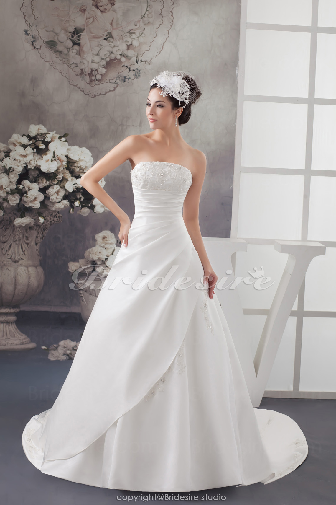 A-line Strapless Chapel Train Sleeveless Satin Wedding Dress