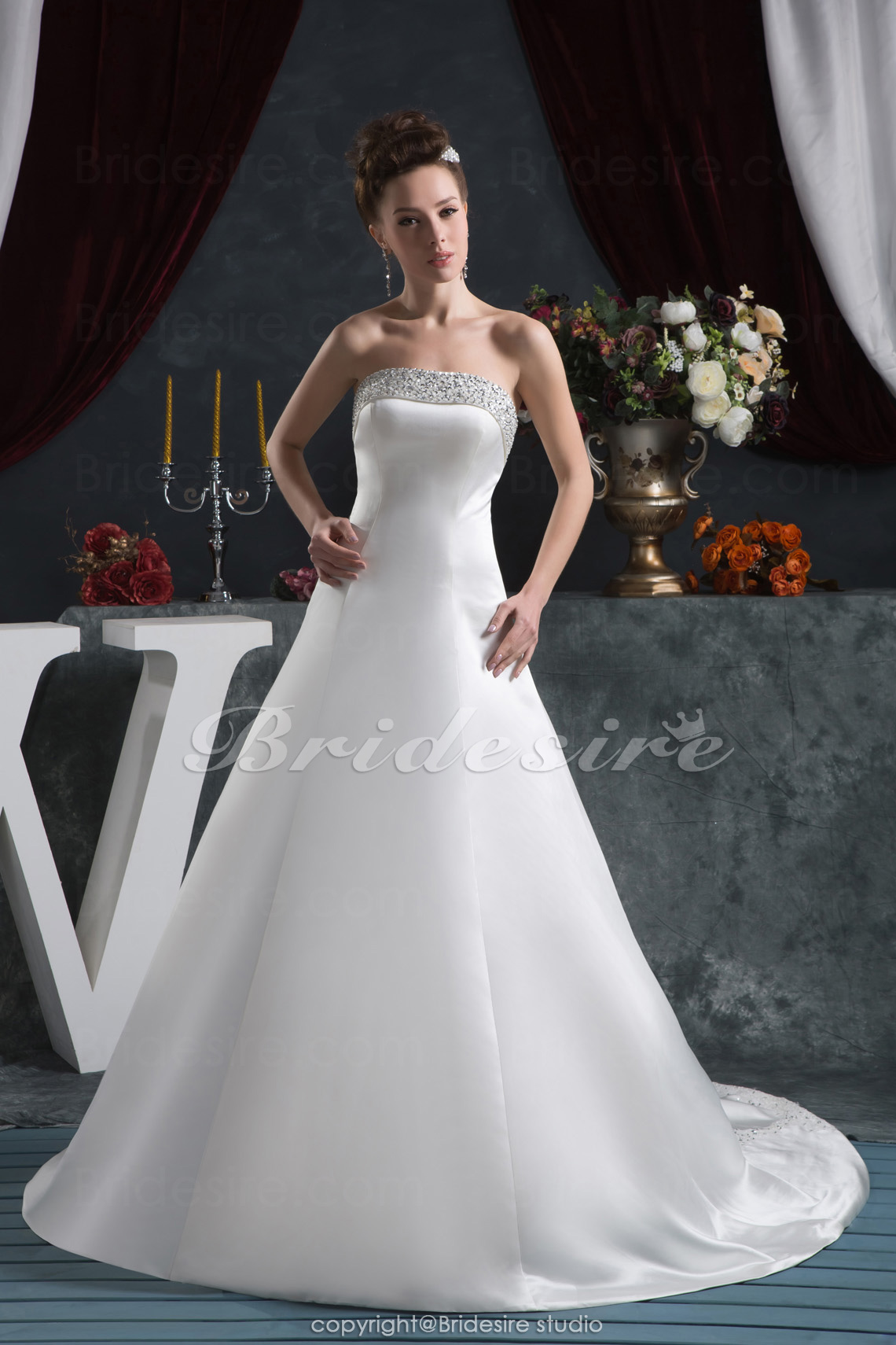 A-line Strapless Floor-length Chapel Train Sleeveless Satin Wedding Dress
