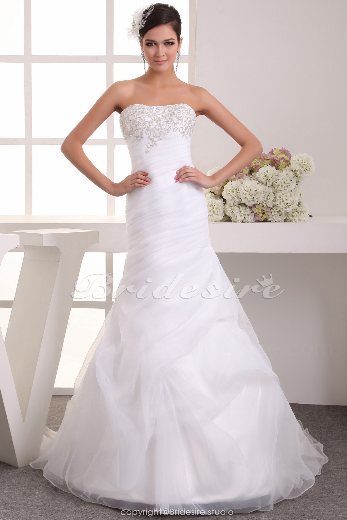 A-line Strapless Floor-length Sleeveless Satin Chiffon Wedding Dress
