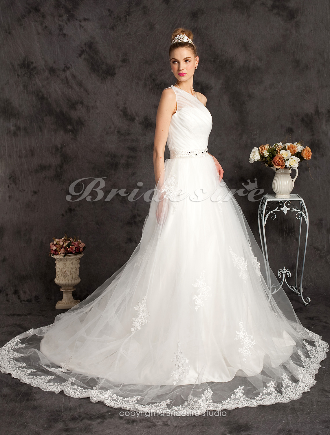 A-line Tulle Satin Court Train One Shoulder Wedding Dress