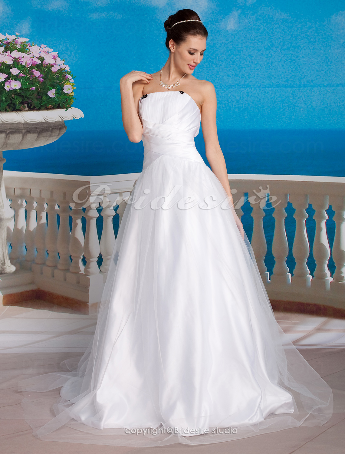 A-Line Tulle Satin Wedding Dress with Bow and Draped