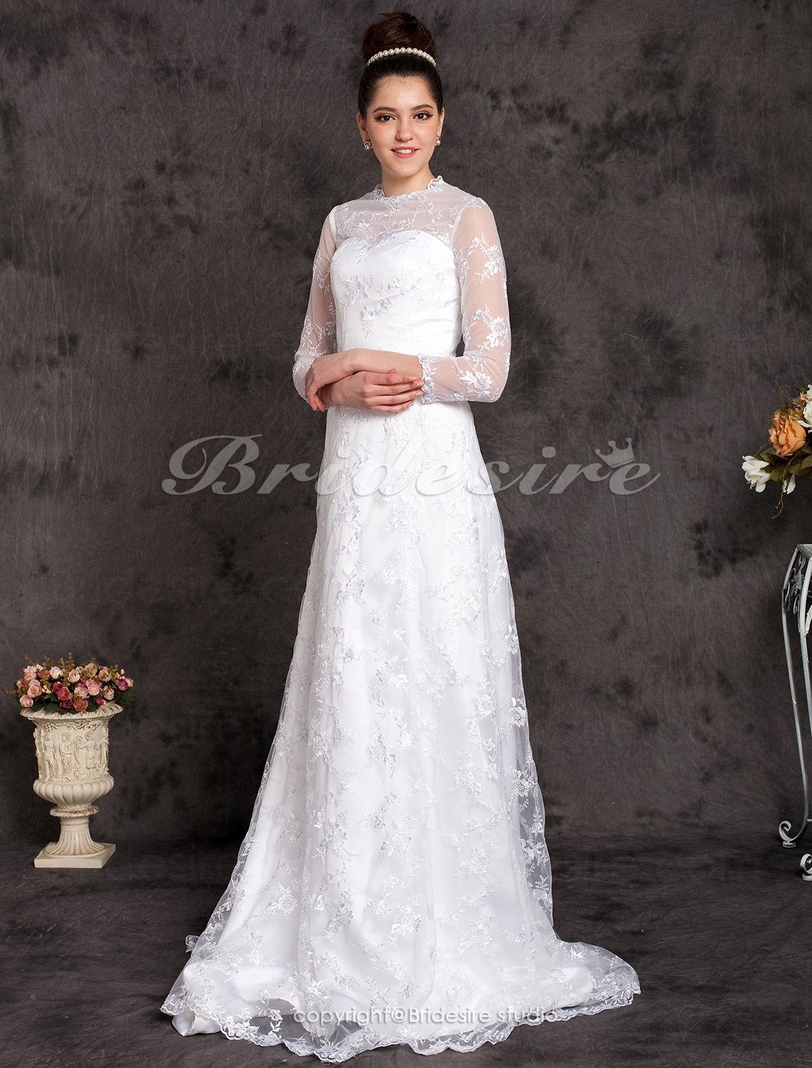 A-line Satin Lace Court Train Jewel Wedding Dress