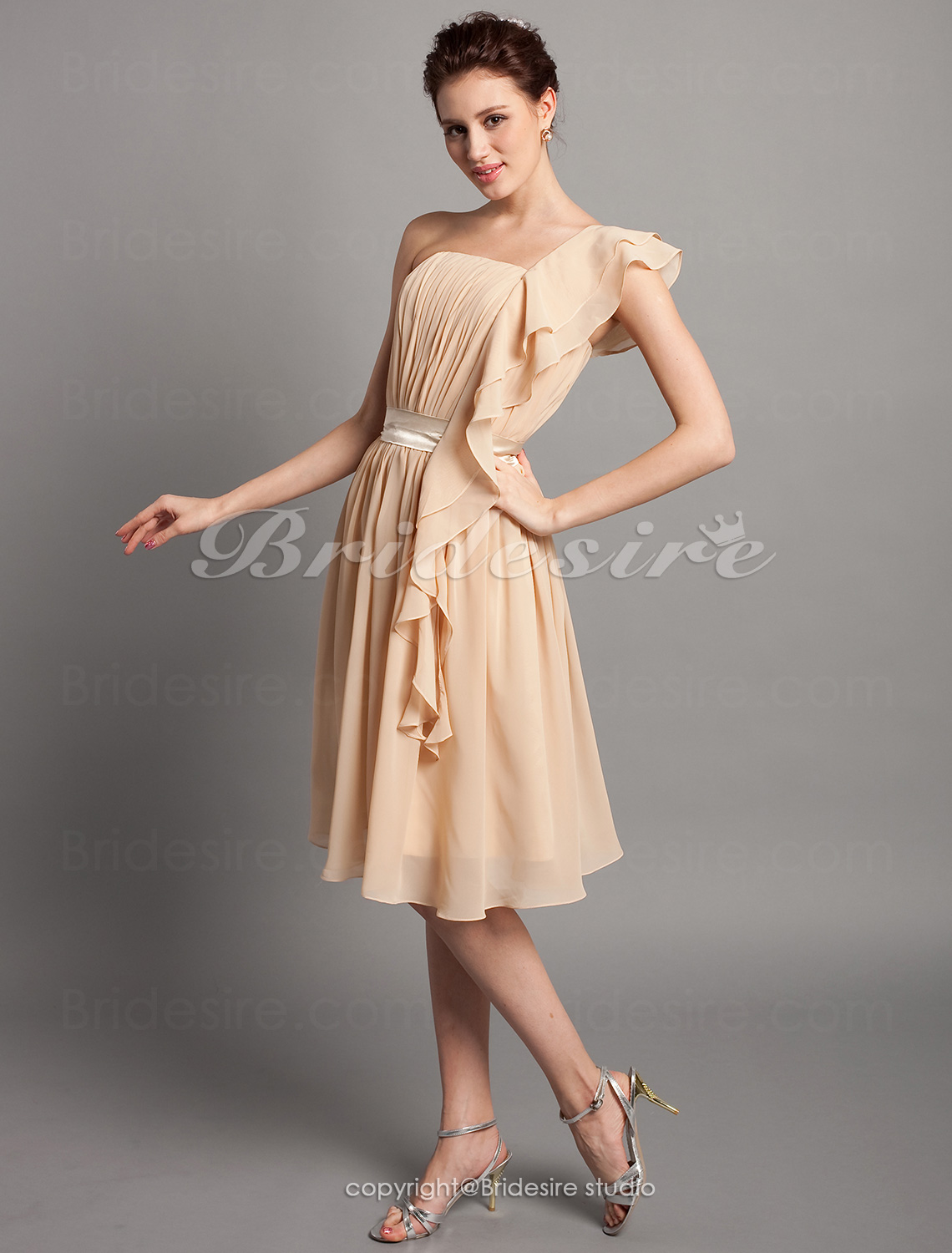 Sheath/ Column Knee-length Draped Chiffon One Shoulder Bridesmaid Dress