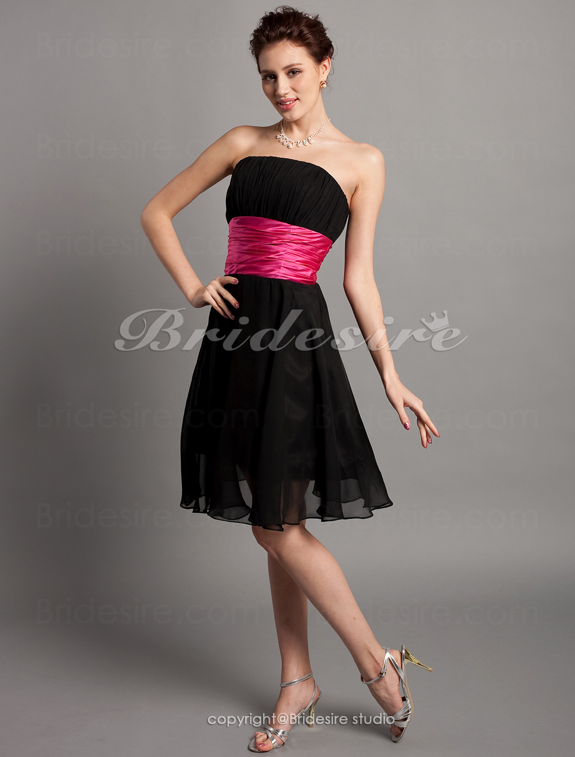 A-line Stretch Satin Chiffon Knee-length Strapless Bridesmaid Dress