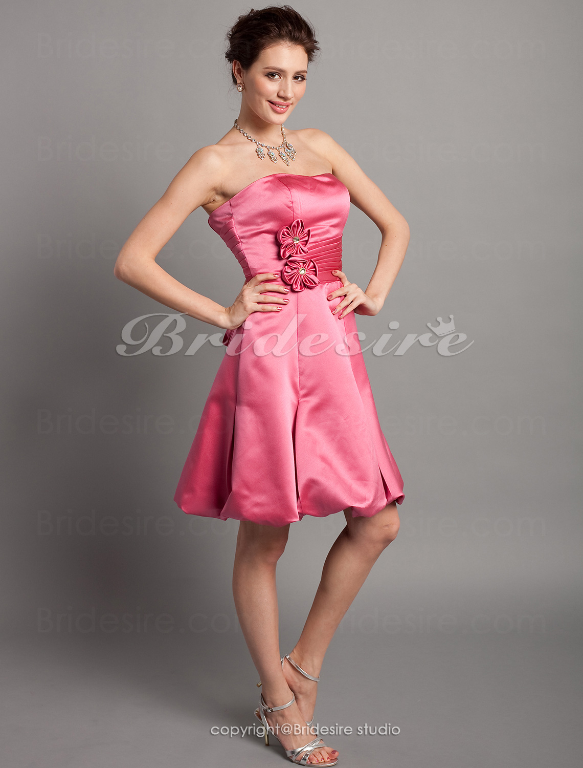 A-line Side Draping Sweetheart Short/Mini Strapless Satin Bridesmaid Dress