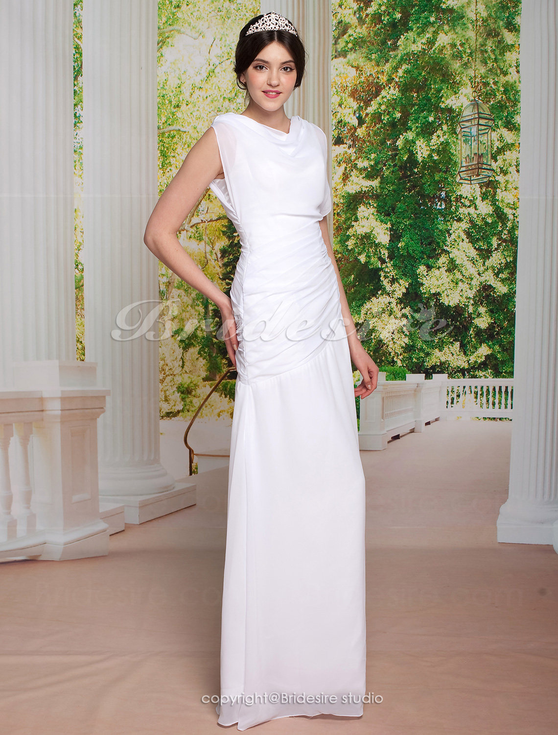 Sheath / Column Side-Draped Floor-length Chiffon Bateau Wedding Dress