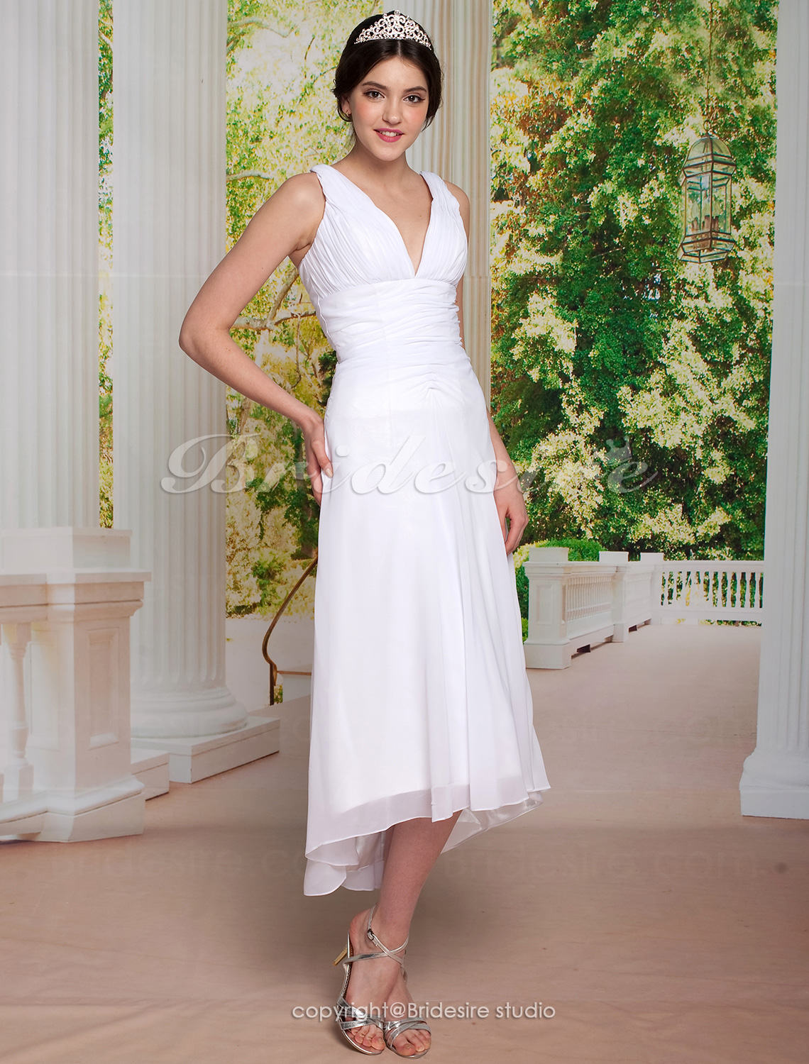 A-line Asymmetrical Chiffon V-neck Tea-length Wedding Dress