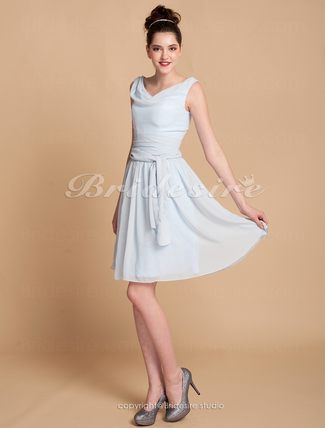 A-line Knee-length Chiffon Cowl Bridesmaid Dress