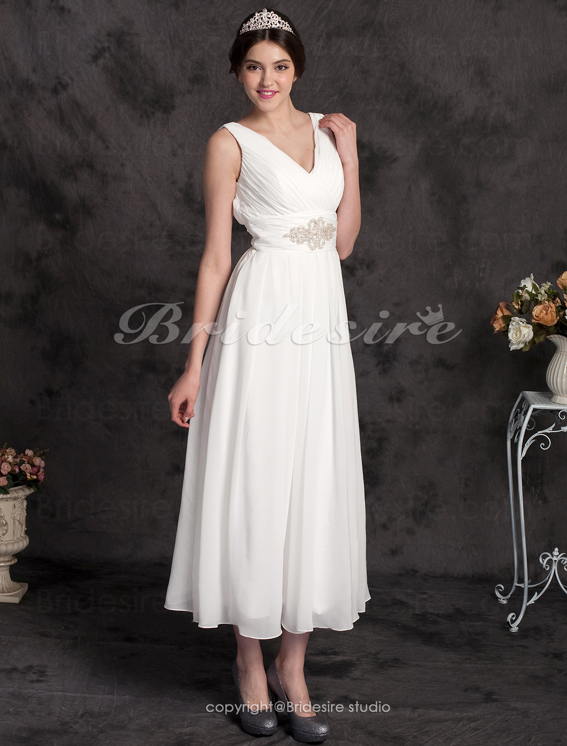 A-line Chiffon Ankle-length V-neck Wedding Dress