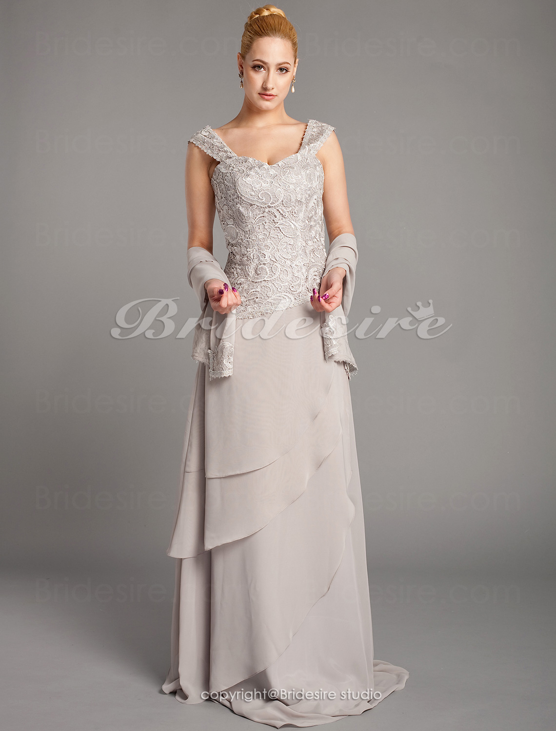 Sheath/Column Chiffon And Lace Floor-length Straps Mother of the Bride Dress With A Wrap