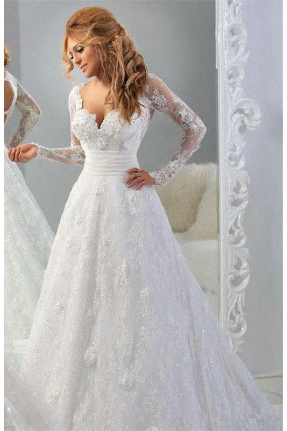 a line long sleeve lace wedding dress