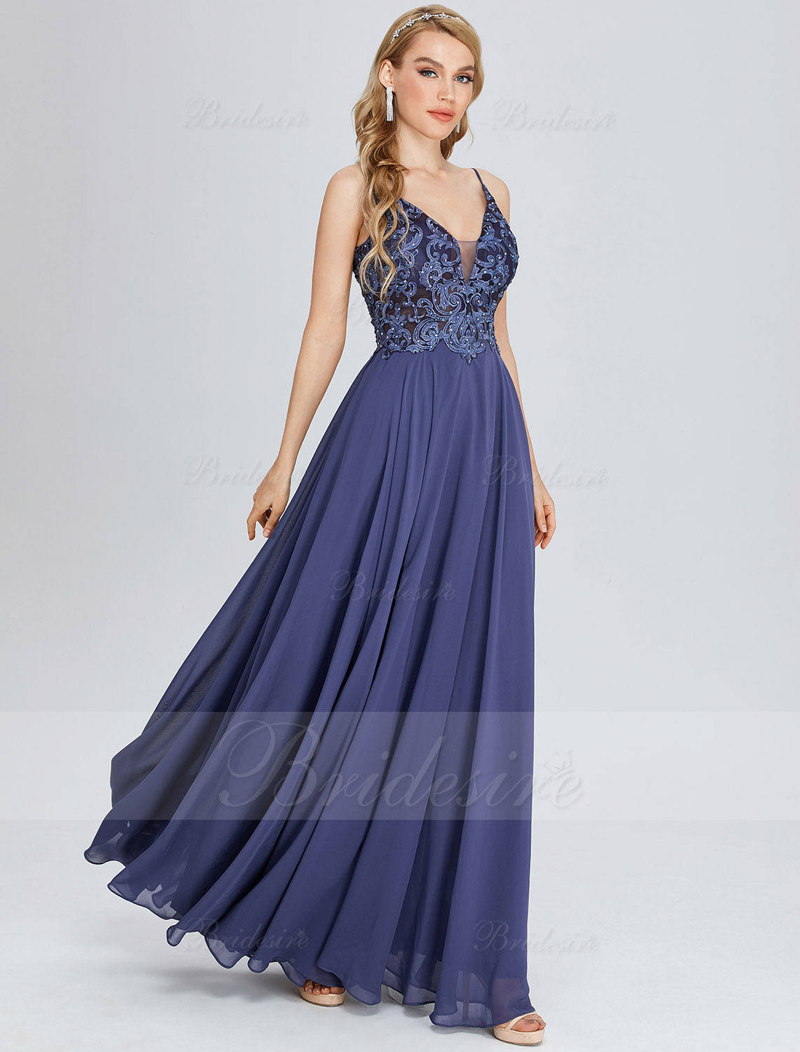 A-line V-neck Floor-length Chiffon Prom Dress with Lace