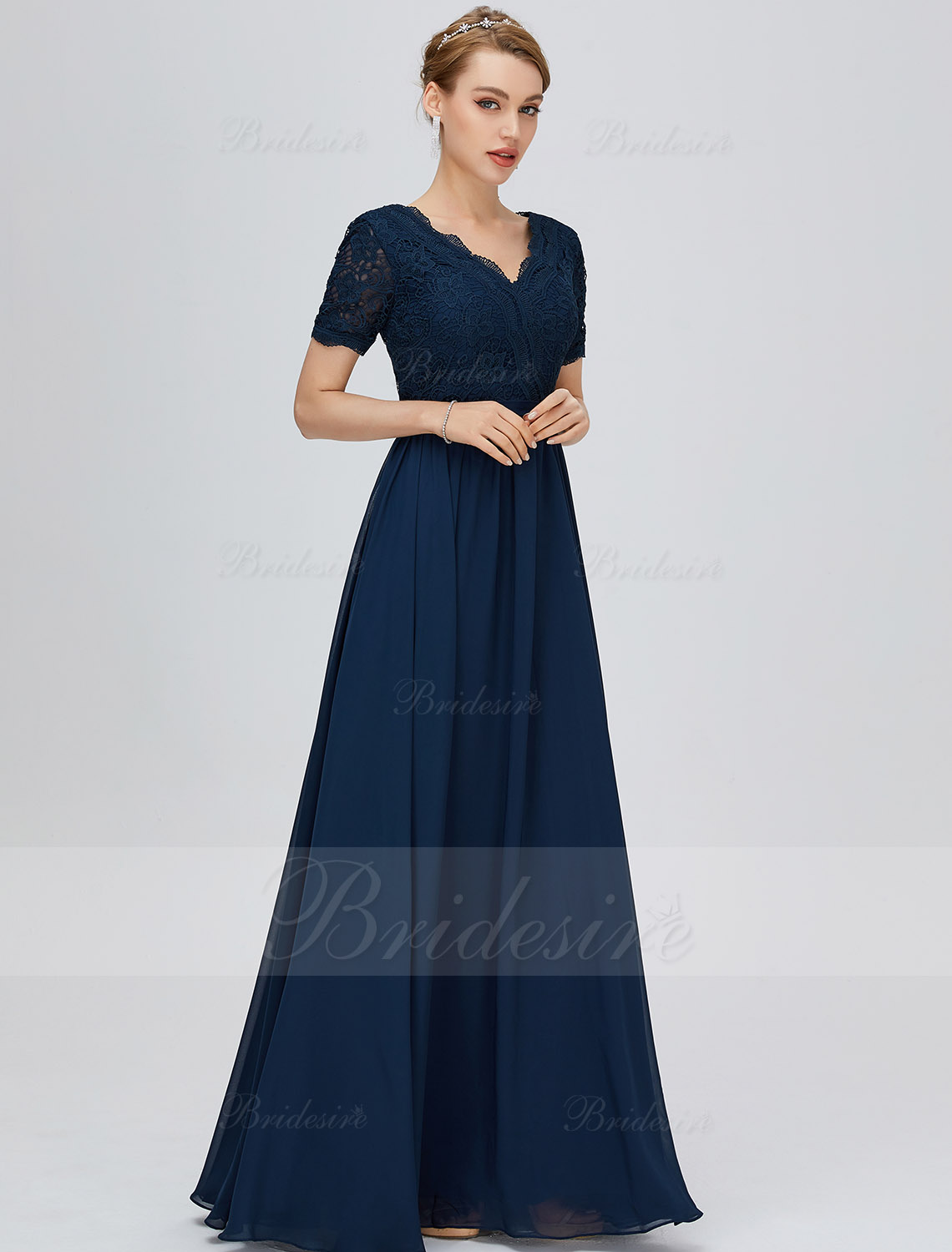 A-line V-neck Floor-length Short Sleeve Chiffon Prom Dress with Lace