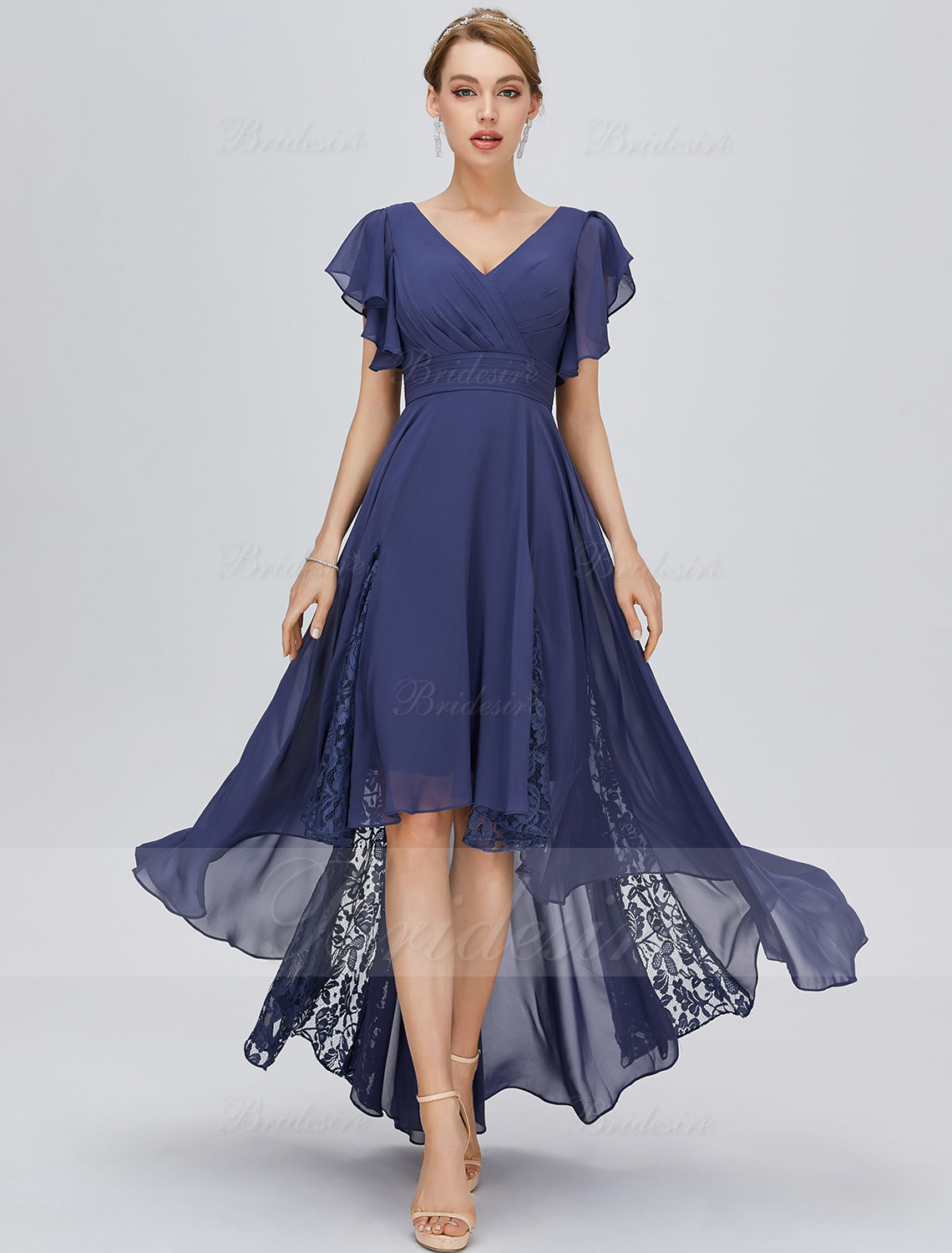 A-line V-neck Asymmetrical Chiffon Bridesmaid Dress with Lace